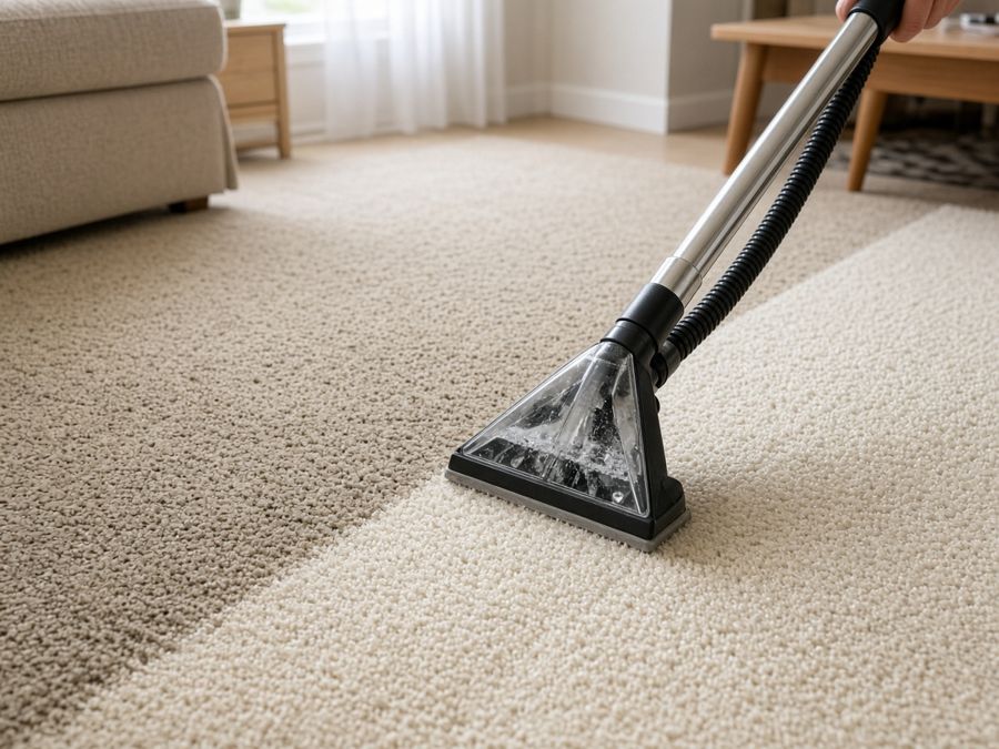 Sample photo: a cleaning wand leaving a clean stripe on a beige carpet