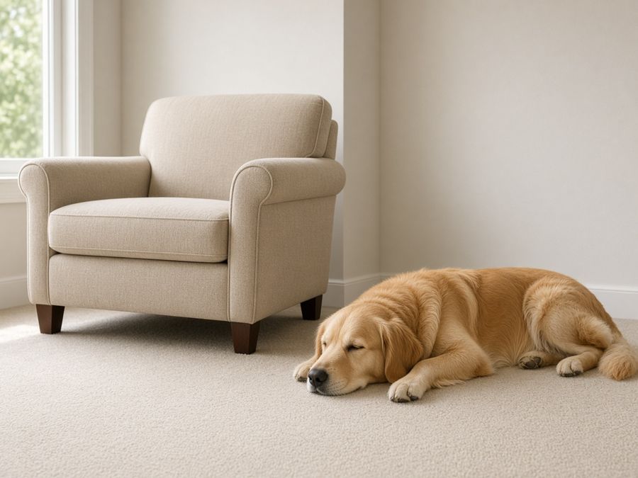 Sample photo: a dog resting on a clean carpet next to an armchair